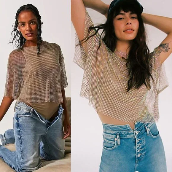 NEW Free People Filter Finish Bodysuit S $178 Iridescent Rhinestone Fishnet Mesh - Picture 3 of 9